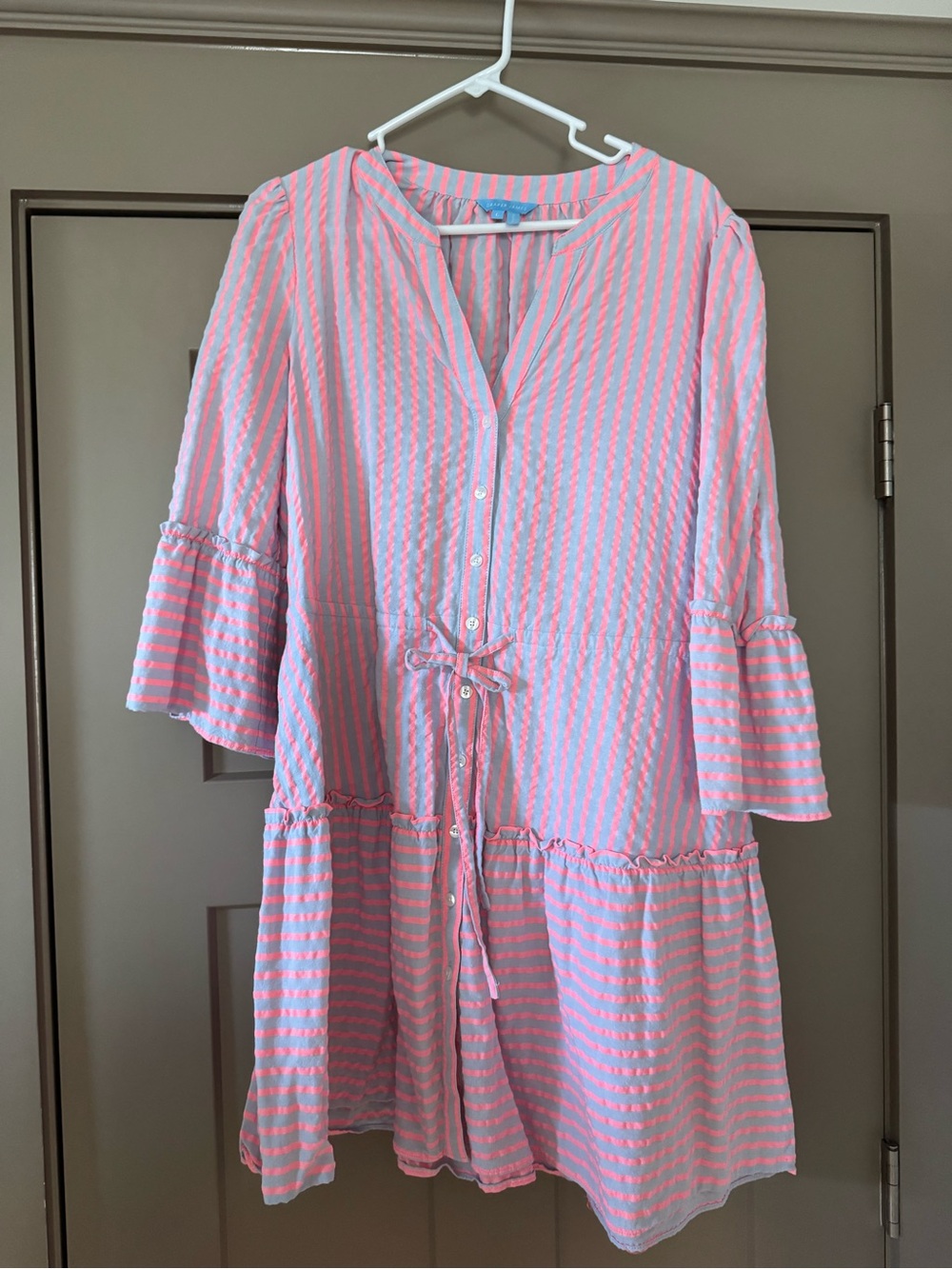 Draper James bell sleeve pink seersucker dress